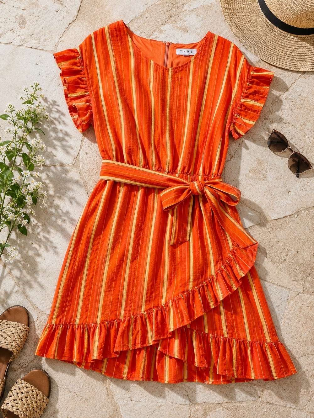 THML Anthropologie Ruffle Wrap Dress Size S Orange Stripe Coastal Resort - Picture 2 of 7